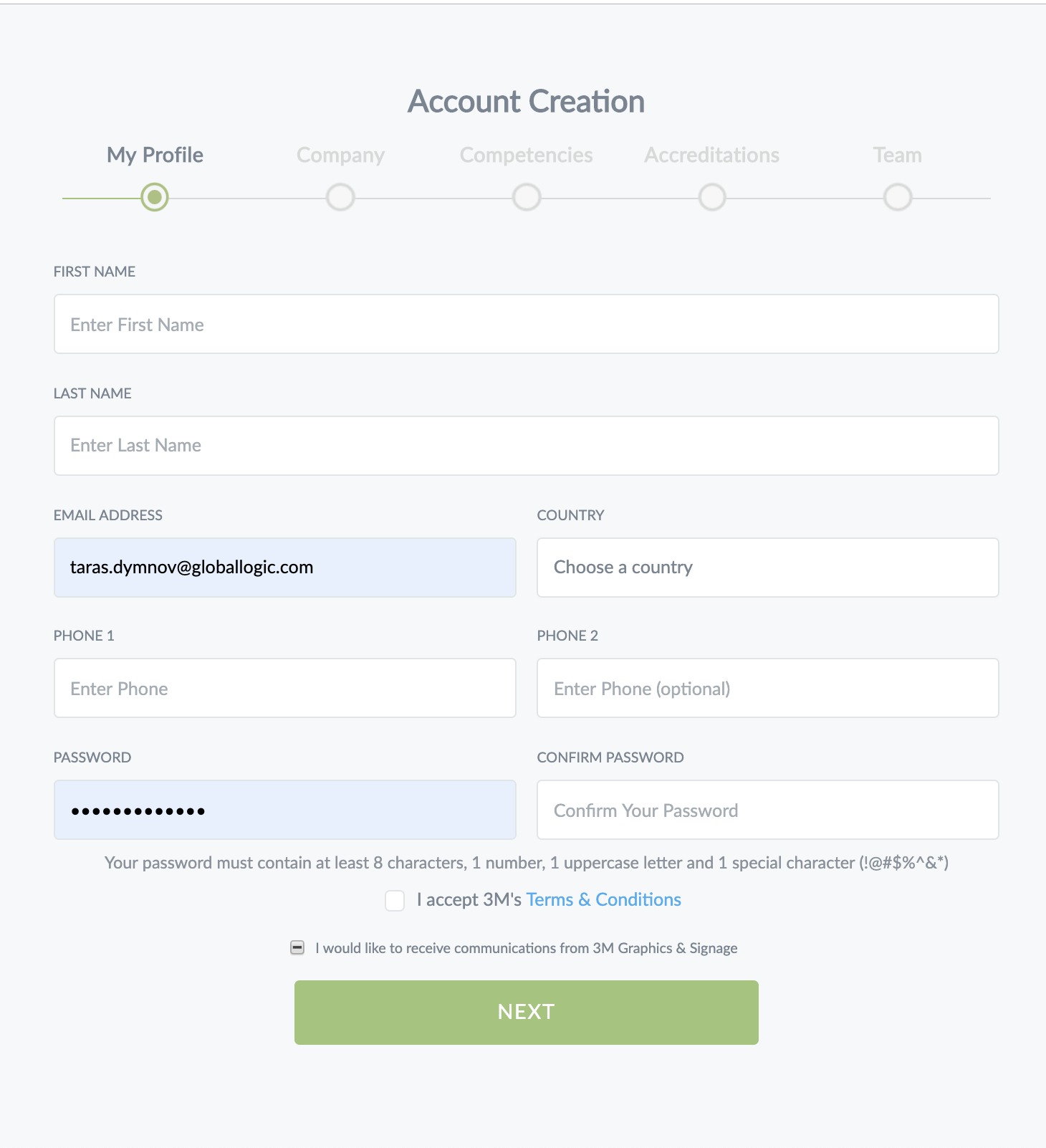 Account creation screen 1